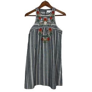 THML Embroidered Mini Dress Stripe Sleeveless Tank Grey - XS